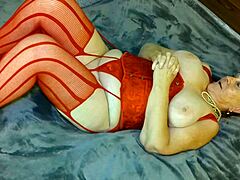 Hey Granny Carmen's lady in red just rode that black dildo hard to cum in pov style