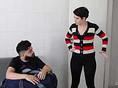 this brunette teen with short hair and small tits dives into cunilingus and deepthroat action during a 1 on 1 crossdressing encounter after her girlfriend sends her away.