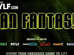 in this fantasy scene, a lucky guy shares the sexy milf with double penetration fucking at a chic restaurant desk for kinky reality couple action