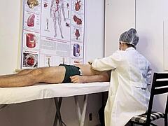 Patient gets unexpectedly hard during exam with the nurse, leading to intriguing bareback handjob and deepthroat in hospital setting with Brazilian flair.