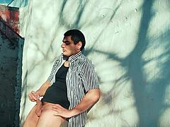 Wow, check out this sexy outdoor masturbation with a big muscular dick enjoying the fresh air