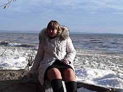 Pissed Outdoors While Smoking Fat Milf Shows Hairy Pussy Sans Panties Under Short Skirt Loving Public Fetish On River Bank