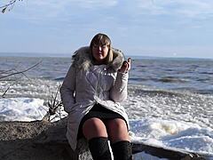 Pissed Outdoors While Smoking Fat Milf Shows Hairy Pussy Sans Panties Under Short Skirt Loving Public Fetish On River Bank