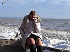 Pissed Outdoors While Smoking Fat Milf Shows Hairy Pussy Sans Panties Under Short Skirt Loving Public Fetish On River Bank