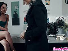 Teen babe subtly licked by her dyke stepmom in suggestive lesbian oral action