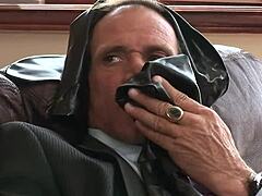 Alana Evans rips clothes as latex mommy! Huge cock drips cum in wet pussy doggystyle fucking.