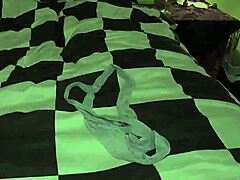 casual-narrative brunette sinn sage and georgia jones get wild with a dildo in lesbian play, stripping and scissoring on the bed