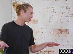 Big ass teen Sophia Burns massages a huge dick before sucking it eagerly.