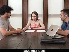 Stepson and husband dominate stepmom in hardcore group sex with big tits