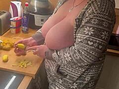 look at these two big natural tits in the kitchen while i give a handjob says german milf