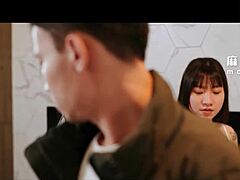 in a seductive asian group scene, models pose in tight pants for big tits blowjob and doggystyle riding in 4some action