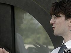 two hung teen 18+ guys team up for rough doggystyle threesome pounding on curvy big tits blonde mature milf