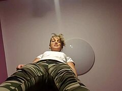 blonde femdom slut puts him on knees for bdsm jerk off session under bill with cum eating finale