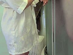 stepmom caught her son in the shower and decided to help him jerk off until he came on her tits