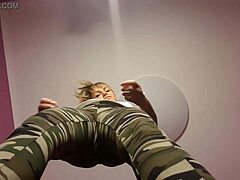 blonde femdom slut puts him on knees for bdsm jerk off session under bill with cum eating finale