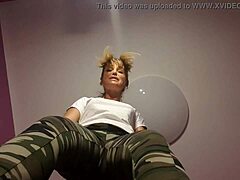 blonde femdom slut puts him on knees for bdsm jerk off session under bill with cum eating finale