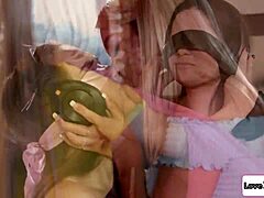 stepsisters blindfold their gfs and swap for teen lesbian group sex with pussy licking ass eating and tribbing in masked 4some