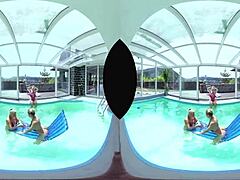 Big tits blonde gets anal in pool foursome with pussy licking and ass action.