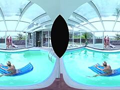 Big tits blonde gets anal in pool foursome with pussy licking and ass action.