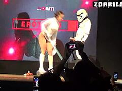 Brunette pornstar's big ass contrasts with acrobatic blowjob in Spanish holiday party sex