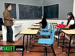 risky teacher takes on two asian students in classroom threesome. fishnets and scissoring lead to wild lesbian fucking.