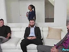 i'm cali caliente, banging this group of monster big white cocks in a wild interracial gangbang, taking them doggystyle bent over with my ebony big ass and small natural tits while wearing glasses and lingerie.