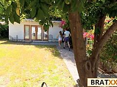 Petite brunette teen 18+ handles enormous cock surprise outdoors with deep licks and doggystyle pounding. Her tanned body quivers from the intense creampie finish