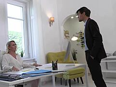 Big cock slams into mature slut's wet pussy and big tits during intense office doggystyle quickie