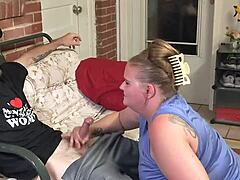 Cheating Blonde Wife Caught Smoking While Giving Neighbor Sloppy Deep Throat Blowjob with Cum Swallow in Public Outdoor Spot