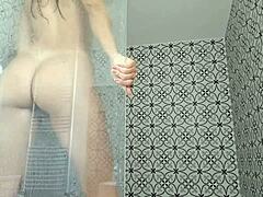 in this casual story, a sexy brazilian housewife takes a steamy shower, dancing sensually with her big ass and lingerie in the bathroom.