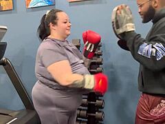 Bbw grabs her fitness instructor's fat cock for a wet blowjob with huge saggy tits bouncing