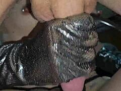 glove wearing milf milks cock with handjob while her pierced nipples and small tits get wet in amateur homemade couple action 😏