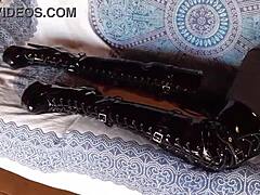 total black with fishnets pantyhose and boots over the knee. hey, check out this all-black outfit with fishnets and knee-high boots