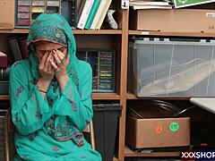 Innocent hijab shoplifter bent over roughly fucked doggystyle by old guard backstage