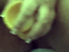 check out this chubby housewife dripping wet cumming hard on her fat tits dildo