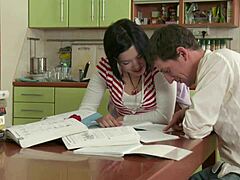 Young Russian Slut Assfucked Hard on Kitchen Table Then Sucks Mans Monster Cock Deep