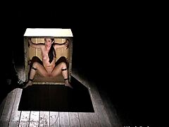 Master binds petite slave tight in wooden box for rough whipping deepthroat torment