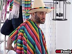 stepdaughter jumps on stepdad's cock while milf dives in for sloppy sucks