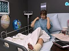 Whoa horny milf with big tits masturbates wildly on hospital bed then handjobs stranger to cum on tits!