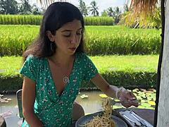 Cumwalk beauty savors pasta lunch with sticky facial glaze in crowded cafe