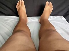 intrigued by young nerd girlfriend caught masturbating on sheer red while cuckold watches his small cock