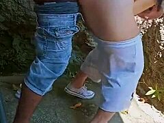 latina teen couple rips clothes for rough outdoor anal creampie behind abandoned house