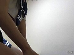 Her natural boobs poke out from that miniskirt uniform with wedgie thong while she cleans