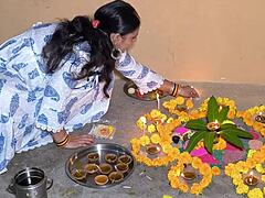 Chubby muscular housewife fingered licked deepthroat by bodybuilder husband rough Diwali dirty talk