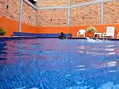 spot a stranger with huge ass shaking masturbating poolside swap her plastic DILDO for real cock ROUGH DOGGY cum covered