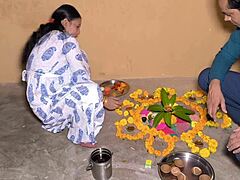 Chubby muscular housewife fingered licked deepthroat by bodybuilder husband rough Diwali dirty talk