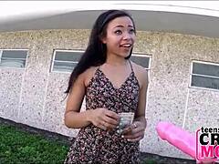 skinny teen brunette rides dildo on bike for cash