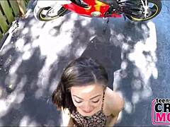 skinny teen brunette rides dildo on bike for cash