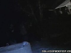 Petite brunette coed teases at party before hard pussy pounding cumshot