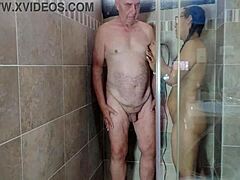 shaved big pussy tease in shower close-up handjob voyeur jerk off instructions